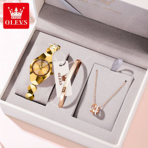 OLEVS Ladies Casual Watch Set Waterproof Elegant Luxurious New Style Small Dial Diamond Stainless Steel Strap Quartz (1*Necklace 1*Bracelet)