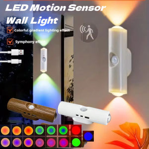 Aitemay 2pcs LED Motion Sensor Wall Light USB Rechargeable Smart Night Light RGB Ambient Light with Sunset Projection Party Corridor Closets