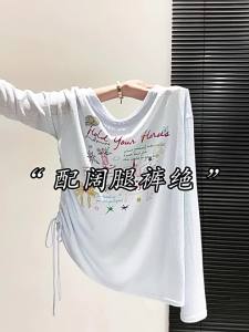 Blue Print Sun Protection Ruffled Waist Loose Slim T-Shirt