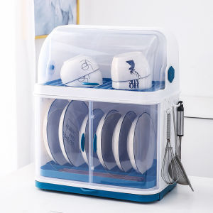 Double Layer Dish Rack With Lid Draining Kitchen Organizer