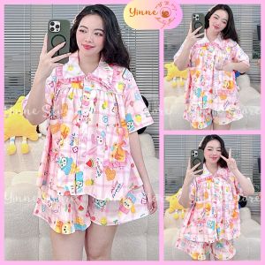 (BIGSIZE 45-85kg) °Lụa Hàn° Set đồ Babydoll Pijama phối Bèo 2 Túi Áo Bộ ngủ mặc nhà đi chơi Thiết Kế in 5D họa tiết Hot Trend Đẹp Dễ thương tôn dáng