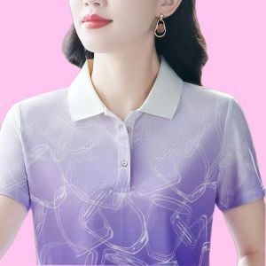 Quick-dry Clothes Lapel Short Sleeve Women T-shirt Korean Style New Version Floral Print Lady Sport Polo Shirt Stand Collar Tops Plus Size