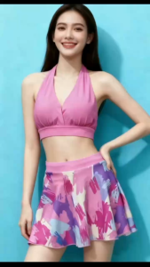 ชุดว่ายน้ำรุ่น L001 ชุดบิกีสองชิ้น เสื้อคล้องคอกับกระโปรงสั้น แต่งสีแต่งลายคอลเลชั่นใหม่ พร้อมส่ง