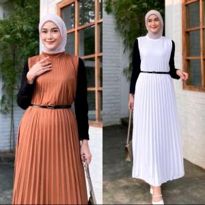 (COD) terlaris Long Dress Plisket Wanita bahan hyget | Plisket Alexa Slevelees Kutung Tanpa Lengan terbaru Atasan Casual Simple