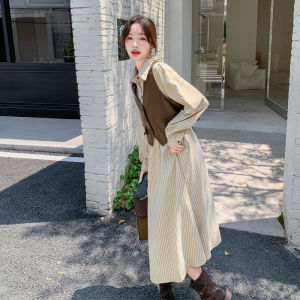 French Style Long Sleeve Shirt Dress Women Early Autumn Complete Set Gentle Slimming Two Piece Set Casual Polyester Fiber A-Line Skirt