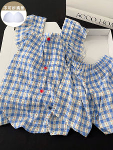 Blue Plaid Cotton Pyjamas with Chest Pad And Short Sleeves Womens Summer Home Clothes Brief Style Print Cloud Cotton Short Pants