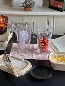 Miss Rabbit Large Capacity Glass Water Cup Kitty Cup Girls Heart Glass Cup Pinkish Cute Design Single Layer NaCa Glass Drinkware