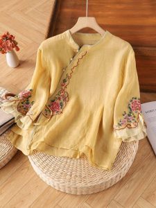 Áo Sơ Mi Nữ Tay Bảy Thêu Kiểu Trung Quốc Mới Áo Sơ Mi Thường Ngày Mùa Hè Áo Sơ Mi Cổ Đứng Tay Lỡ Họa Tiết Hoa