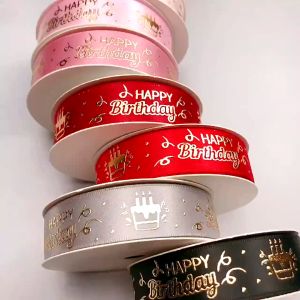 UMI 5yard/roll 20mm/2cm Happy Birthday Cake Tied Ribbon Baked Flower Hamper Wrapping Silk Ribbon Gift Hadiah Riben Kain