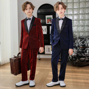 2PCS Children Suit Set British Design Solid Color Boy Piano Host Performance Dress Gentlemen Runway Blazer For Kid