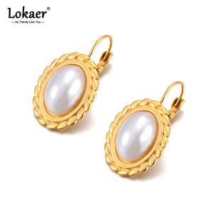 Lokaer Vintage Simulated Pearls Hoop Earrings Stainless Steel 18K Gold Plated Handmade Daily Jewelry for Women Waterproof E24222