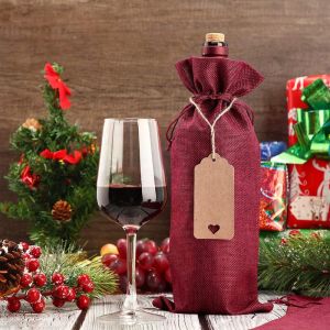10/12pcs Rustic Jute Burlap Wine Bags Drawstring Bottle Covers Reusable Wrap Gift Package Christmas Bag