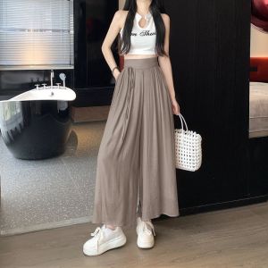 Pink Chiffon Wide-Leg Casual Pants for Women High-Waist Slimming Design Ankle-Length Tape Element Work Clothing Style