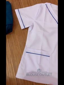 Bộ blouse cổ tim trắng viền xanh Dương cho điều dưỡng dược sĩ y tá thẩm mỹ viện spa nha khoa phòng khám