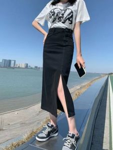 Korean Style Slit Denim Mini Skirt Womens Spring Summer New Slimming Versatile Asymmetrical Side Button Half-length Skirt