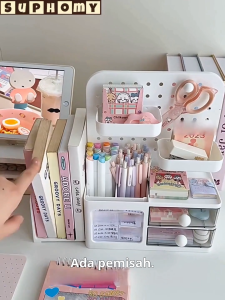 Book Stand Desk Organiser Pen Holder Storage box with drawer pegboard board rack Cosmetic Brush Holder Organiser 書桌收納盒