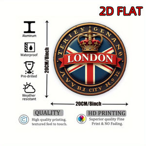 2D Flat Metal London Union Jack Crown Emblem Badge British Theme Retro Style Round Home Decor Office Wall Art Gift Collection C