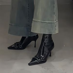 Pointed Toe Short Boots Womens Thin Heel Side Zipper 2025 New Autumn Winter Black Patent Leather High-End Slim Boots