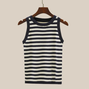 Striped Knitted Strap Vest Women Summer Inner Match Outer Wear French Elegant Sleeveless Cover Side Breast New 2025 Base Layer
