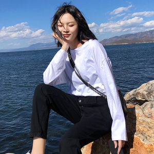 Áo Thun Cotton Dài Tay Màu Trắng Phong Cách Hàn Quốc Mùa Xuân Thu Cho Nữ Sinh Viên Màu Trơn Thường Ngày Đa Năng Áo Sơ Mi Cotton Nguyên Chất