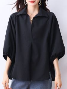 September Momo Fancy Acetate Satin Texture Shirt Womens Autumn Clothing Plus Size Plus Size Ladies Belly Covering 3/4 Sleeve Tops