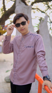 Baju Koko Pria Dewasa Lengan Panjang Warna Lilac Motif Yisunsin Kombinasi Bordir Polos Elrumi Katun