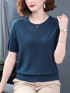 Middle-Aged Ladieswear Summer Clothing Short Sleeve T-shirt Female 2024 New Arrival Fashion Half Sleeve Tops Thin Ice Silk Sweater Western Style