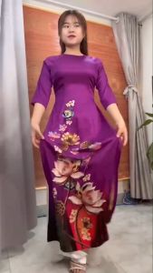 Áo dài gấm vân gỗ in họa tiết hoa sen khô AD041 -  Lady Fashion - Khánh Linh Style