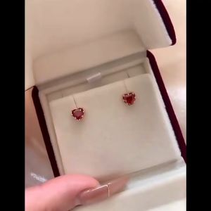 Hikaw 18k Saudi Gold Original Pawnable Ruby Heart-Shaped Zircon Earrings for Women & Kids Gift Items