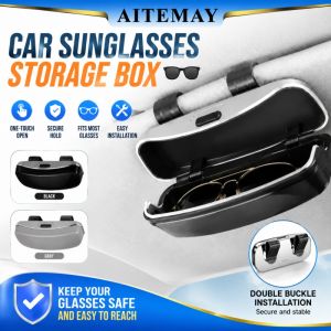 Aitemay Universal Car Sun Visor Sunglasses Holder Box Luxury Anti Scratch Eyeglasses Protection Case One Hand Operation ABS Dustproof Glasses Storage Organizer for Vehicle
