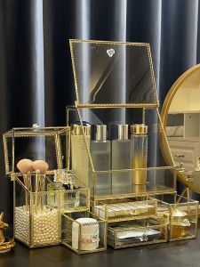 Stackable Drawer Storage Box Perfume Make Up Cosmetic Organizer Dust Proof Cover Gold Frame