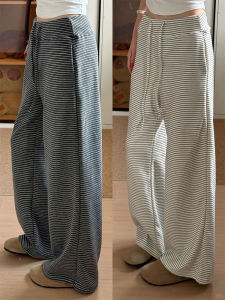 High Waist Striped Wide Leg Pants Womens Casual Straight Cut Fleece Lined Autumn Winter Slimming Small Size Lazy Loose Fit