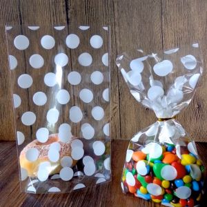 100pcs Food Plastic Bag Packaging White Polka Dots Stripes Christmas Transparent DIY Plastic Cookie Bread Pastry Birthday Party Packaging Bag Treats Bag Clear Gold Cellophane
