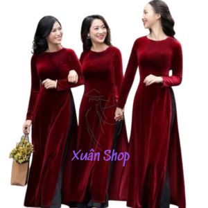 Áo dài nhung truyền thống cách tân đỏ đô may sẵn / áo dài nữ / áo dài truyền thống