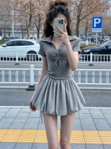 SENWA | Korean Style Grey Polka Dot Flared Mini Dress