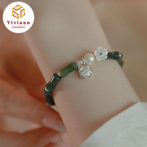 Viviann Original S925 Silver Olive Jade Vintage Pearl Bracelet Female Silver Bracelet Green Jade Beads Bangles Women Stone Jewelry Gemstone Gift Handmade Strand Bracelets
