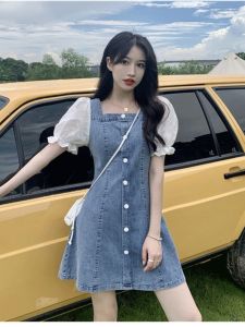 Elegant A-Line Denim Dress Womens Summer Short Sleeve Bubble Sleeve Design French Slimming High Waist Commuter Style Online Exclusive
