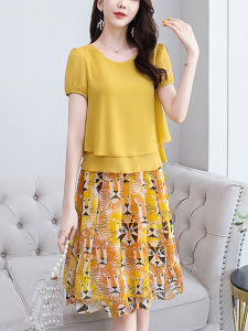 Chiffon Skirt Floral Skirt round Neck Young and Middle-Aged Summer New Arrival Loose Belly-Covering Floral Western Style Two-Piece Dress