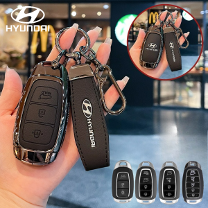 Genuine Leather Gray Zinc Alloy Smart Remote Car Key Fob Shell Case Cover Holder Chain Buttons Protector Keychain Bag For Hyundai Accent Elantra Avante Palisade Santa Fe Kona Venue Custin