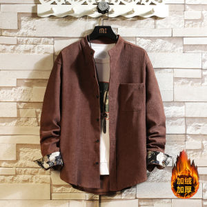 Spring Autumn Mens Long Sleeve Corduroy Shirt Jacket Casual Thin Stand Collar Top Polyester Fiber Summer Fashion Basic Style