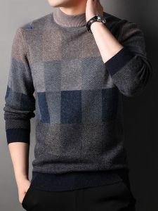 ROMON | Lomond 100% Pure Wool Knitwear Mens Winter New Half High Collar Gradient Color Knitted Base Layer Sweater Fashionable Inner Wear
