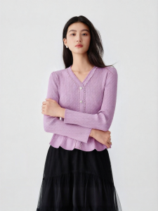 Koradior | Chic Ruffle V-Neck Slim Fit Pullover Knit Sweater