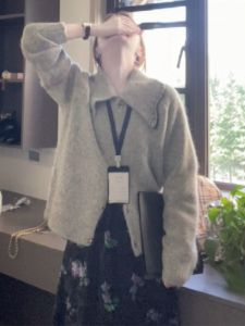 BINKAFENNY | Gray Soft Cozy Collared Open Cardigan Sweater Womens Autumn Winter Korean Style Lazy Chic Knitted Top Straight Tube Type