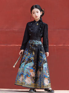 Girls Black Cheongsam Spring Autumn Set Long Sleeve Traditional Chinese Style Hanfu Tang Costume Children Flag Robe Ethnic Clothing