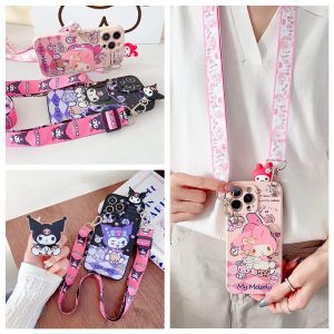 DIMBEPLY For Samsung S24 S23 S22 S21 S20 Ultra S8 S9 S10 Plus S10+ S20 S21 FE S23 FE Note 10+ 8 9 10 20 Ultra Cute Cartoon Milk Tea Funny Kuromi My Melody TPU Soft Case with Long Strap + Bracket Holder