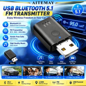 Aitemay USB Bluetooth 5.1 Car FM Transmitter Wireless Handsfree Call Adapter 10M Transmission Distance 5V USB Power Car Radio Audio Player Kit