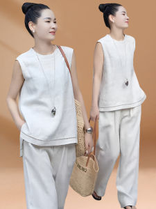 ชุดสองชิ้นผ้าลินินฤดูร้อนสำหรับผู้หญิง ชุดกระโปรงทรงเอเอวสูง แขนกุด แฟชั่น ชุดทำงาน ชุดทำงาน ชุดทำงาน