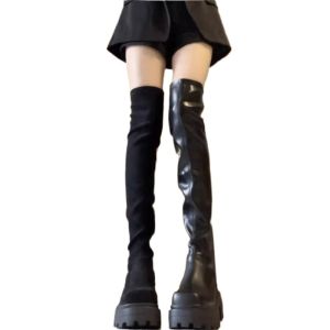 Womens Over-Knee Boots Autumn Winter New Style Thick Bottom High Heel Elastic Black Chelsea Boots Casual round Toe Rubber Sole