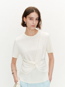 HPLY Summer New Womens Simple Comfortable Micro-Waist T-Shirt Elegant Style round Neck Long Sleeve Cotton Polyester Blend