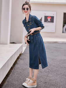 ชุดเดรสยีนส์ทรงเอยาวปานกลางสไตล์ฮ่องกงย้อนยุคสำหรับผู้หญิงในช่วงฤดูร้อน กระโปรงทรงเอเข้ารูปเอวสูง กระโปรงทรงเอเข้ารูป